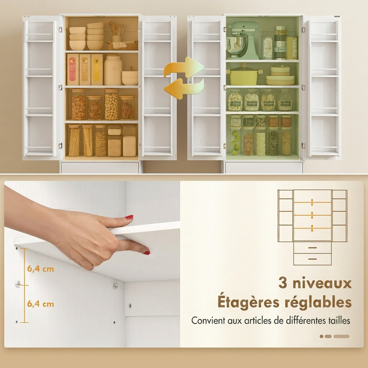 Buffet haut cuisine, armoire de cuisine, 2 portes, 8 porte-épices, 2 tiroirs, étagères réglables, 60x40x159cm, blanc-4