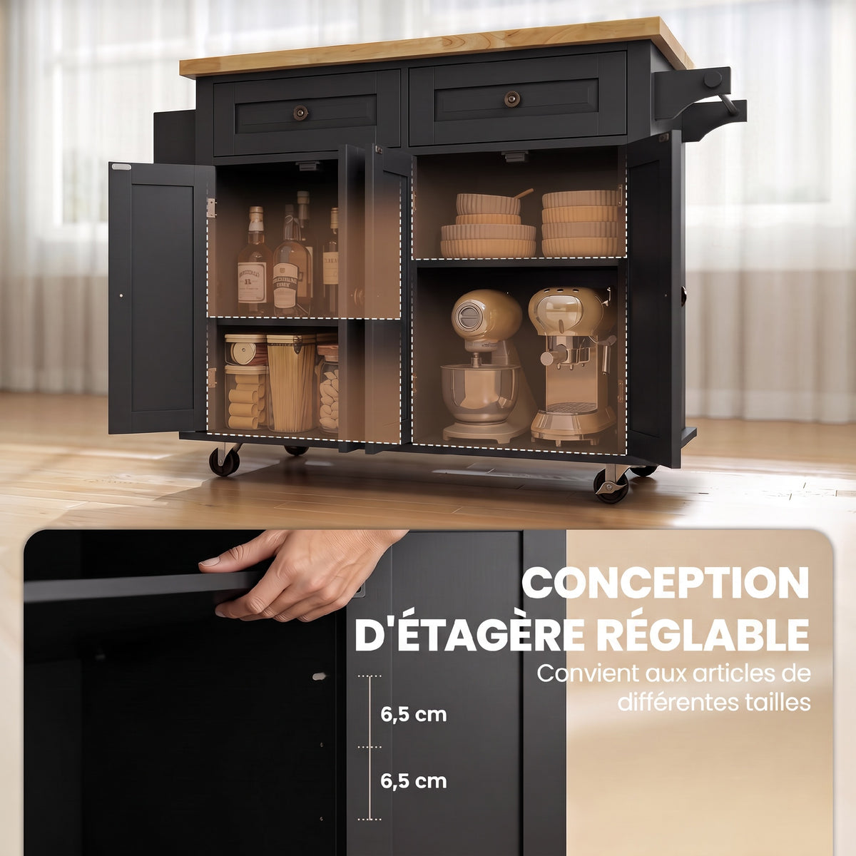Îlot Central Cuisine avec Plateau en Hévéa, Desserte de Cuisine sur Roulettes avec 2 Tiroirs, 111 x 44,5 x 82,5 cm, Noir-4