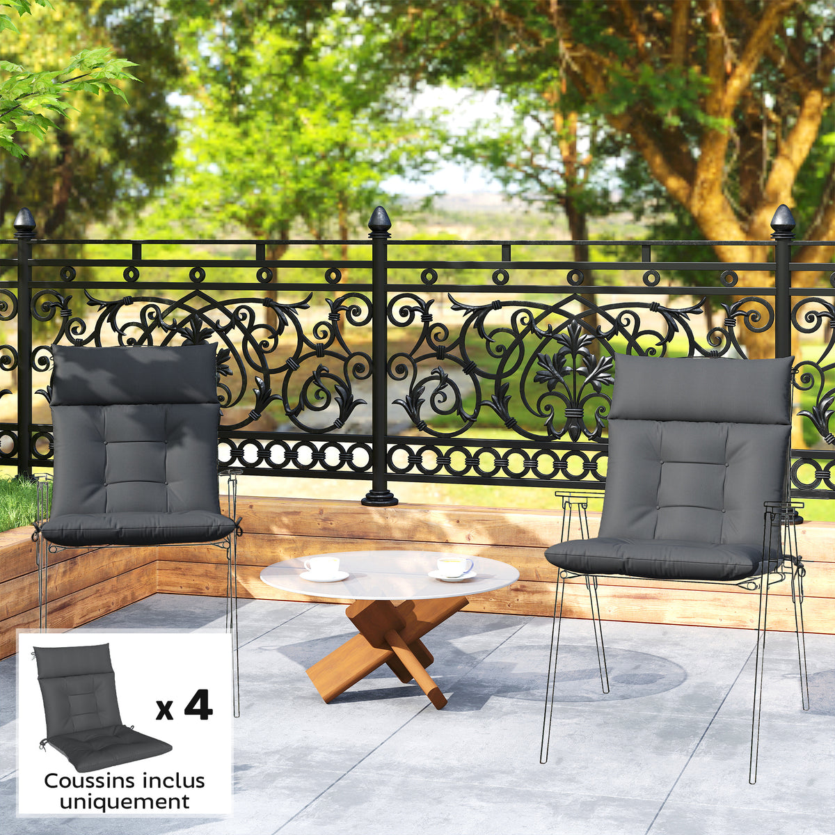 Lot de 4 coussins pour chaises de terrasse, résistants à l'eau, antidérapants, avec liens, 112x53cm, Gris Foncé-1