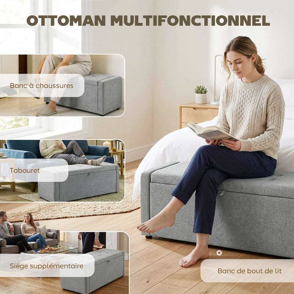 Banc de rangement, bout de lit, repose-pieds rembourré en lin avec assise large, 122 x 48 x 44 cm, gris clair-6