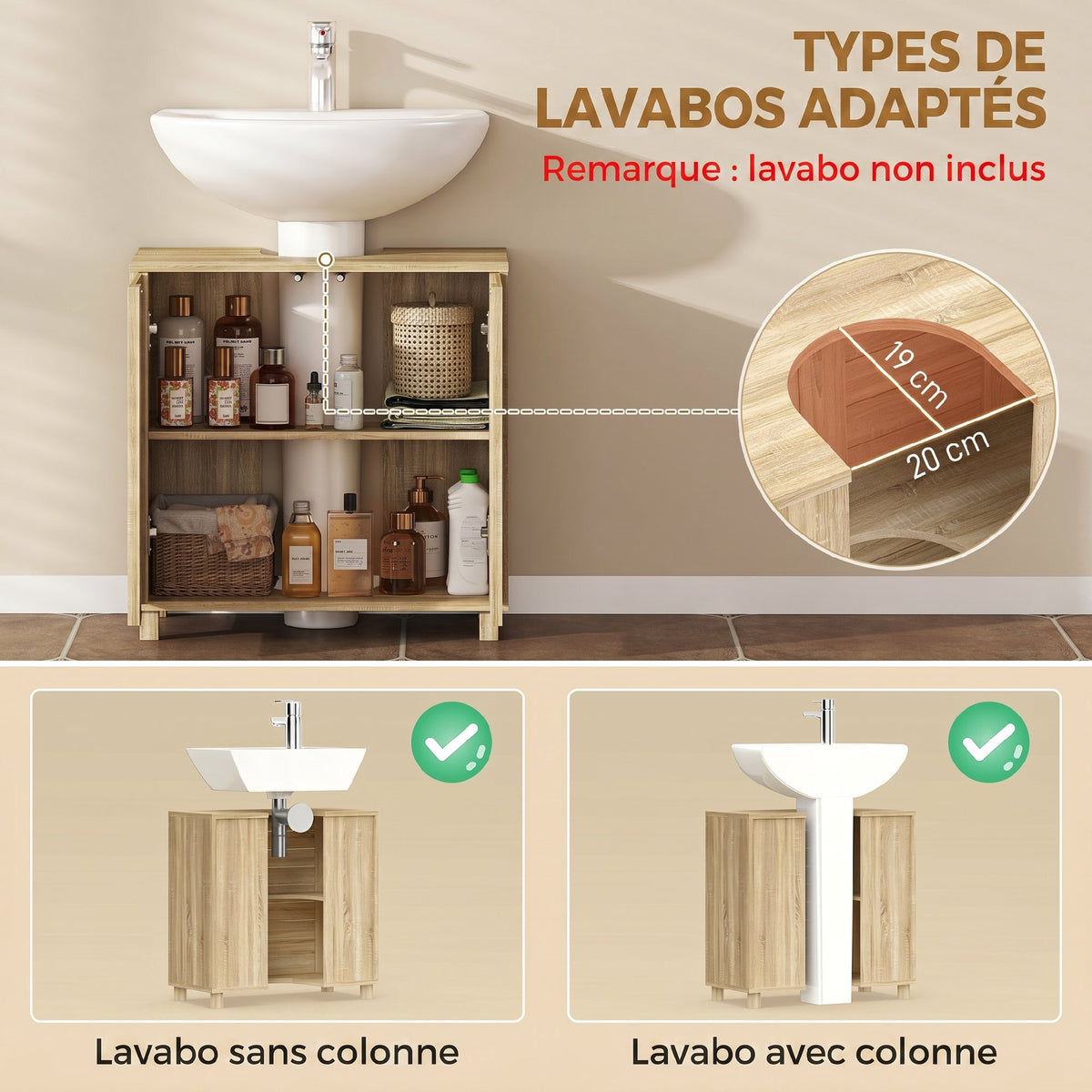 Meuble sous Lavabo, Découpe en Forme U, Portes à Lattes, Étagère Réglable, Ouverture par Pression, 60x30x60cm, Naturel-3