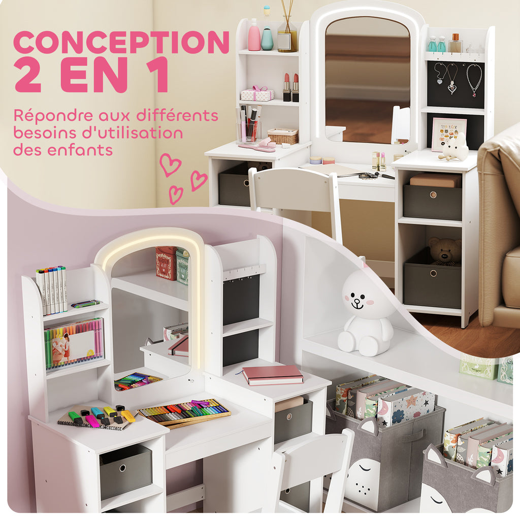 Coiffeuse pour enfants avec tabouret et miroir LED, table de maquillage pour 3 à 8 ans, 104 x 40 x 112 cm, blanc-3