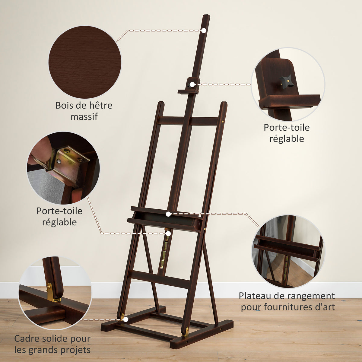 Chevalet en bois hauteur réglable 171-230cm Chevalet Peinture avec rangement inclinaison réglable 80° max. marron-4