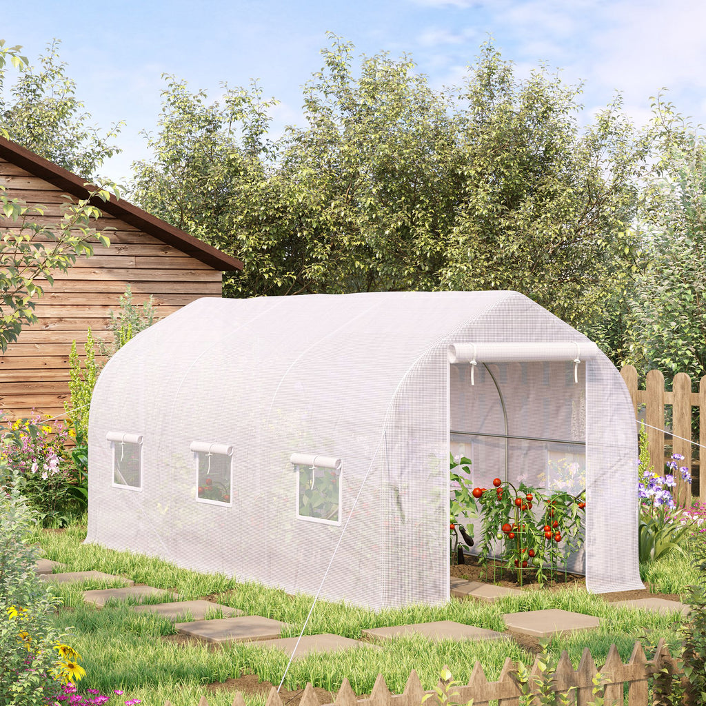Serre tunnel de jardin 8m², serre de jardin tunnel avec 1 portes et 6 fenêtres, bâche PE 140g/m² 400x200x200cm blanc-1