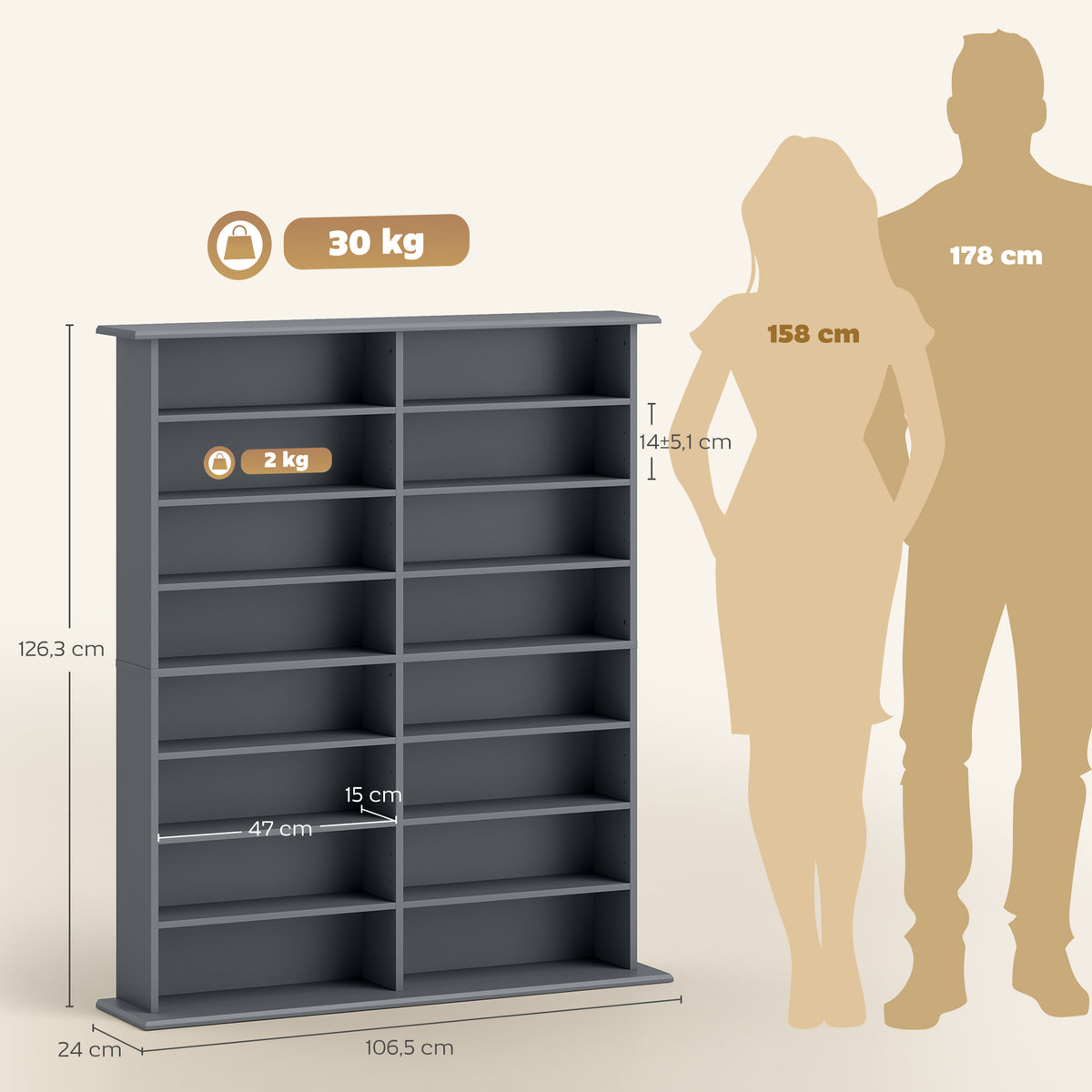 Rangements pour CD et DVD avec 16 compartiments et 12 étagères réglables capacité max. 720 CD/396 DVD et Blu-ray gris-2