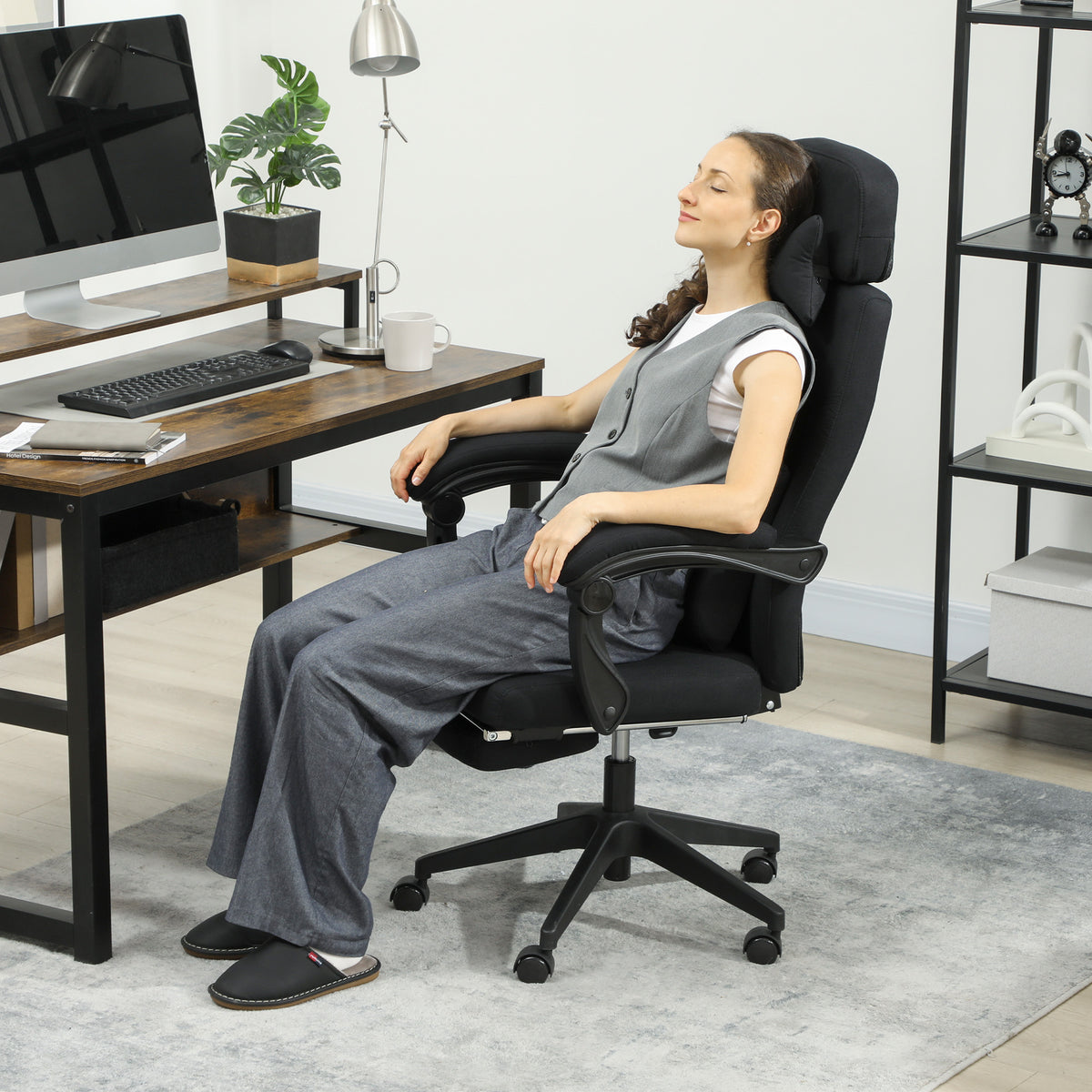 Fauteuil de bureau chaise de bureau grand confort dossier réglable repose-pied roulettes 360° lin 62 x 68 x 127 cm noir-1
