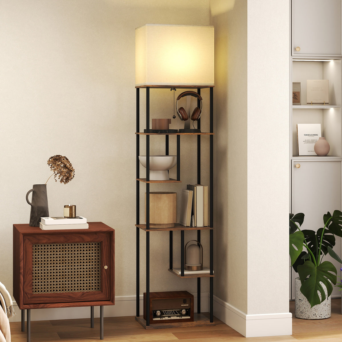 Lampadaire avec étagères, lampadaire sur pied de salon dimmable, télécommande, 40 x 29 x 171 cm, brun rustique-1