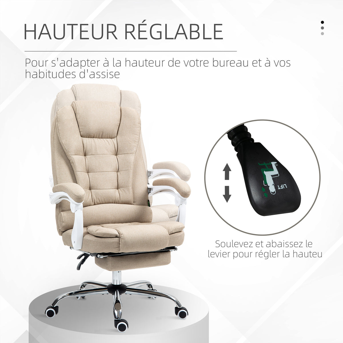 Fauteuil de bureau manager chaise pour ordinateur avec repose-pied dossier inclinable accoudoirs rembourrés en lin beige-3