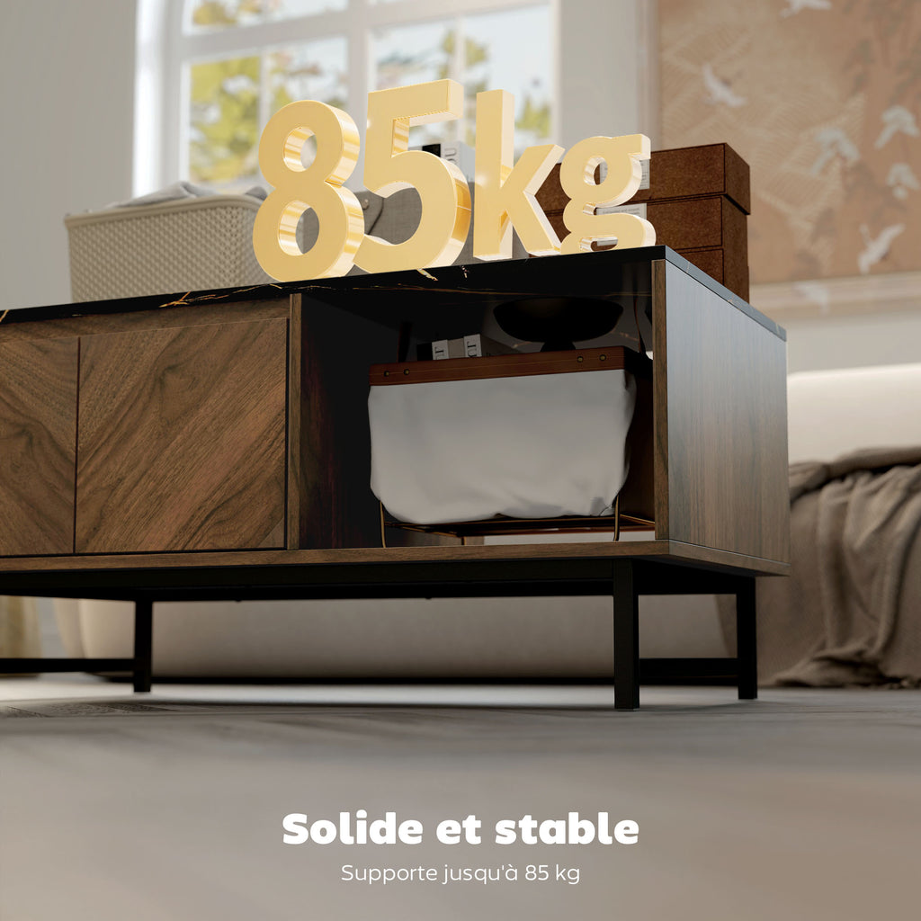 Table basse, table de salon, plateau effet marbre, 2 portes et 2 niches ouvertes, 100 x 50,8 x 45,7 cm, noyer-5