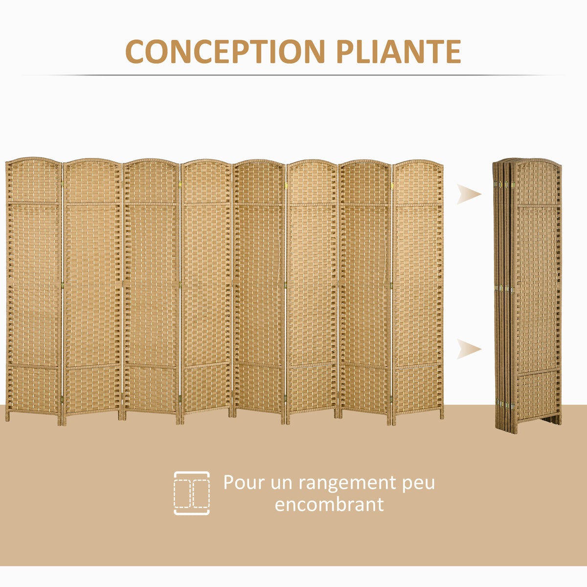 Paravent interieur en bois 8 panneaux 320 x 170 cm séparateur de pièce pliable pour salon, chambre à coucher, naturel-4