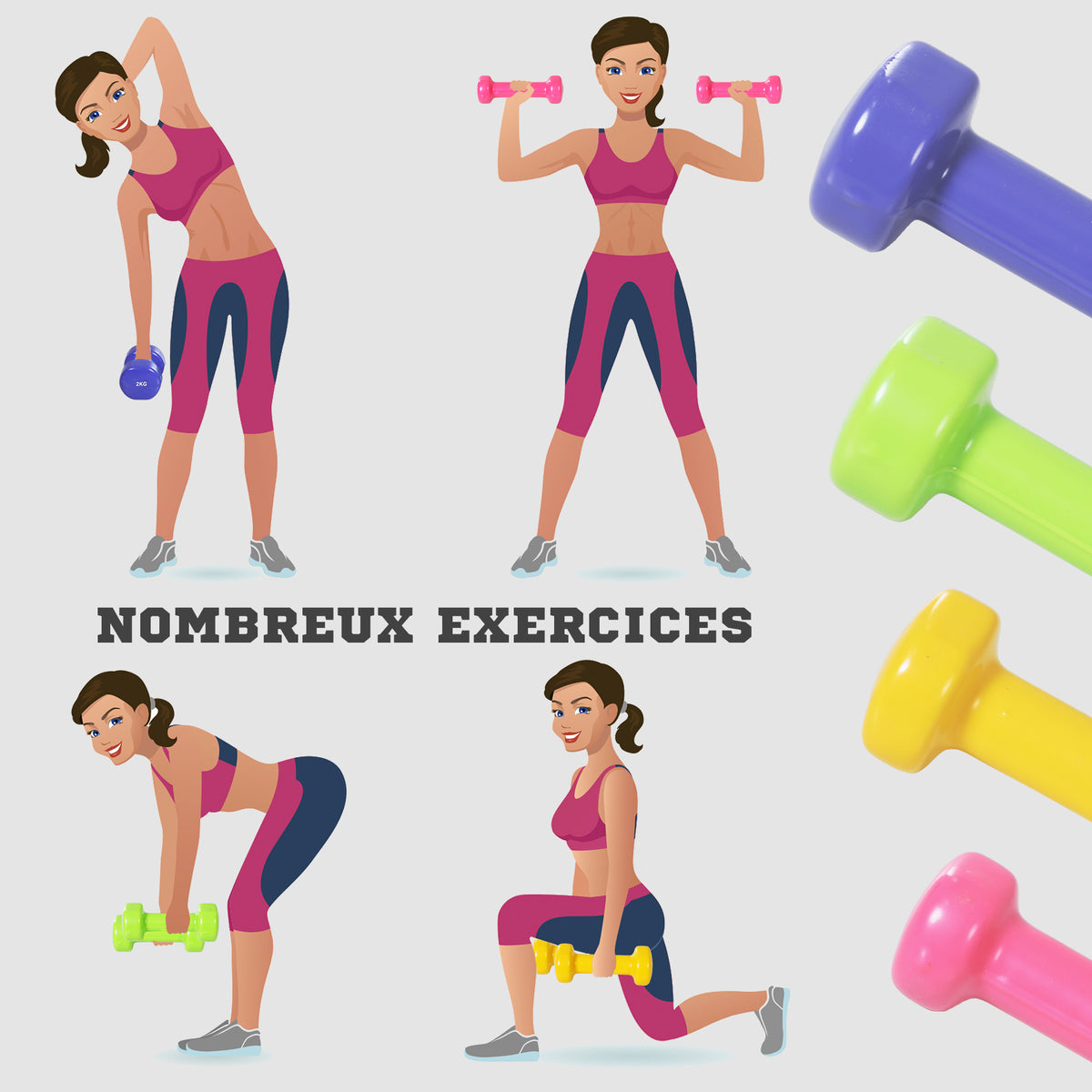 Ensemble d'haltères courtes total 10 Kg - paires de 0,5/1/1,5/2 Kg avec malette - entraînement musculaire & haltérophilie - métal PU rose, jaune, vert, violet-3