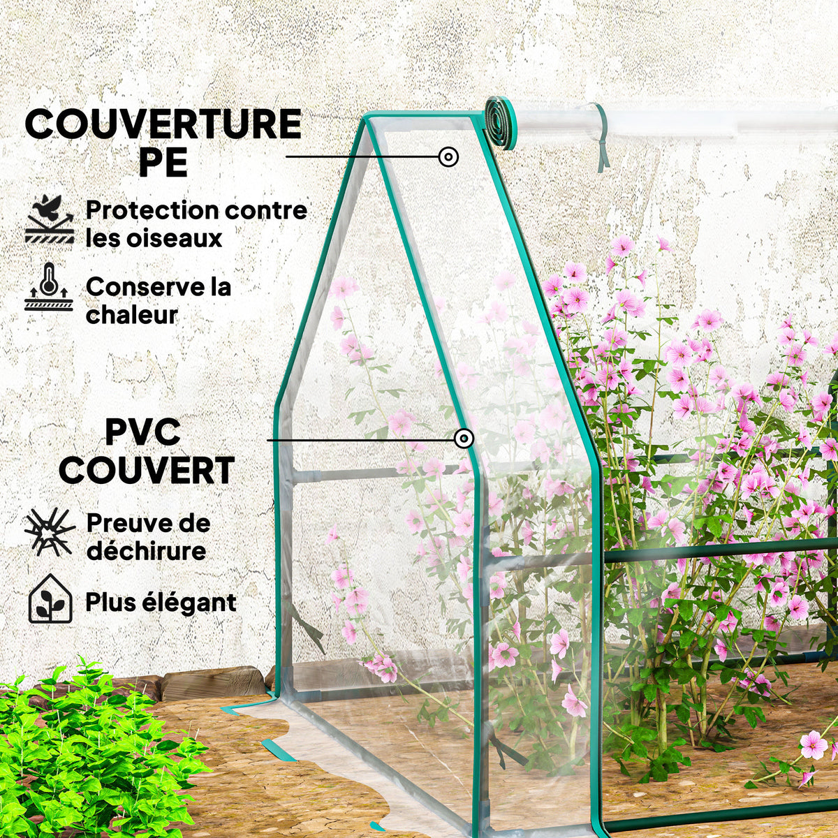 Mini Serre de Jardin mini serre tunnel 4 fenêtres avec Zip enroulables Acier PE 140 g/m² Anti-UV 360x90x90cm Transparent-3