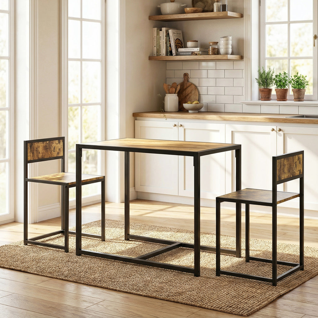 Ensemble table et chaises , table à manger 3 pièces avec 2 chaises encastrables, pour cuisine salon maison, marron-1