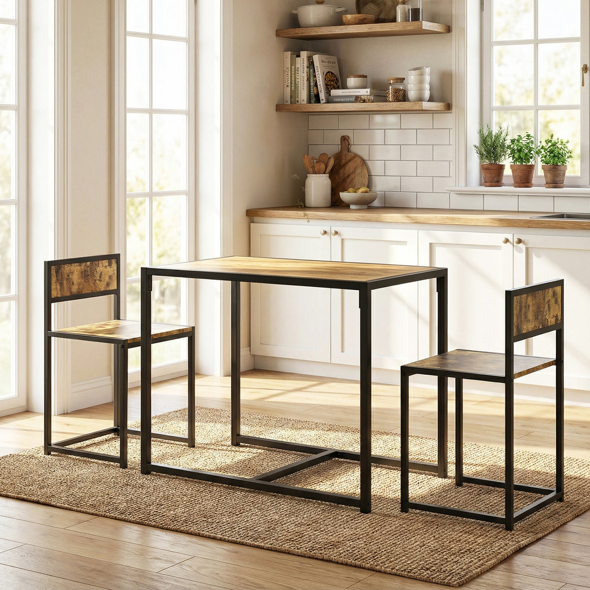 Ensemble table et chaises , table à manger 3 pièces avec 2 chaises encastrables, pour cuisine salon maison, marron-1