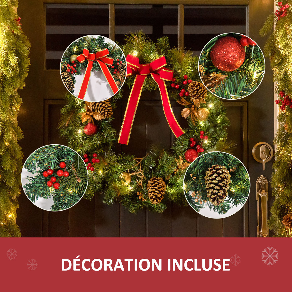 Couronne de Noël artificielle lumineuse avec 20 LED de 60 cm - décorée de houx et de pommes de pin-5