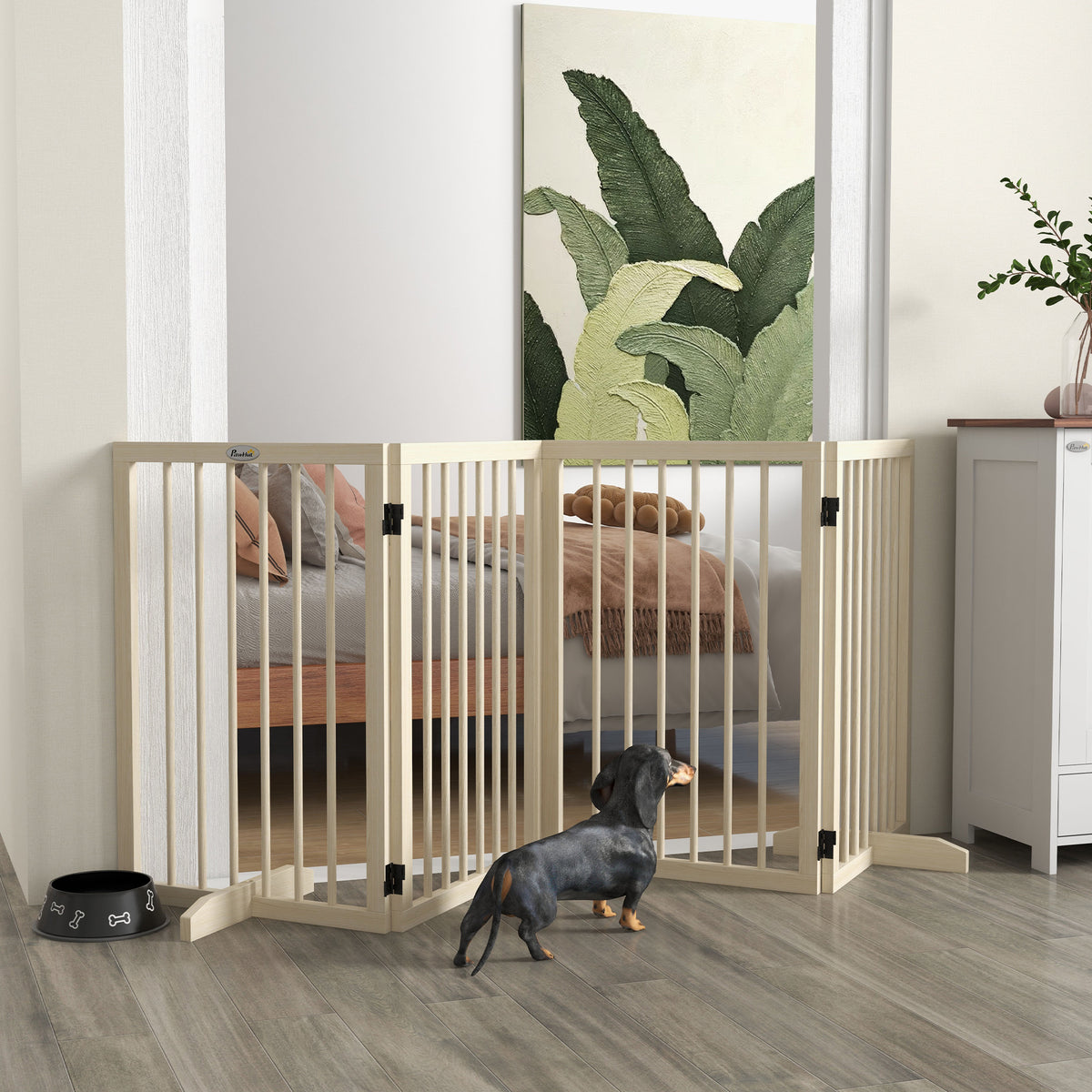 Barrière de sécurité modulable pliable pour animaux de compagnie avec pied de support, bois massif, 206 x 35,5 x 76 cm-1