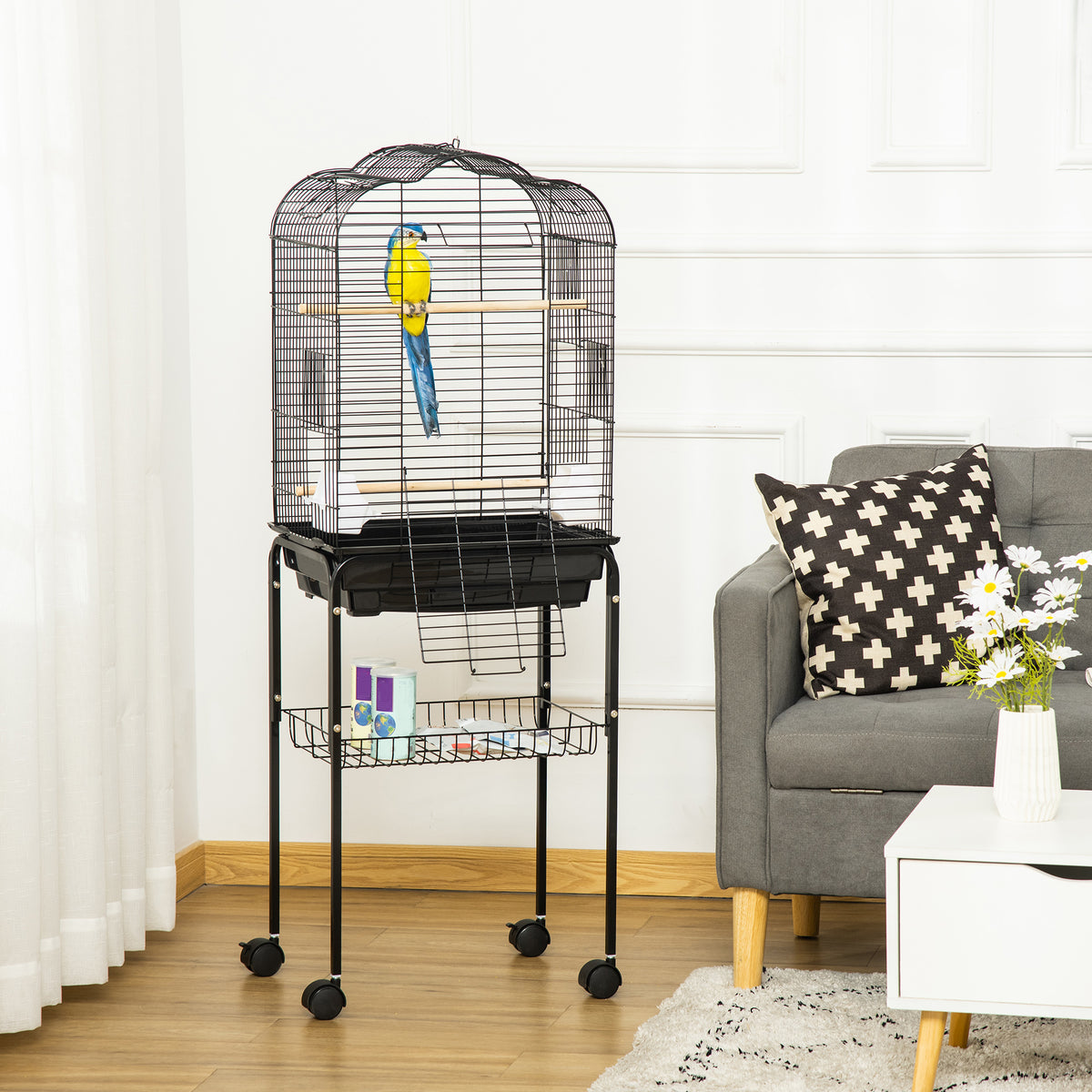 Cage à oiseaux volière pour oiseaux sur roulettes avec toit ouvrant 3 perchoirs étagère inférieure 46 x 36 x 130 cm noir-1