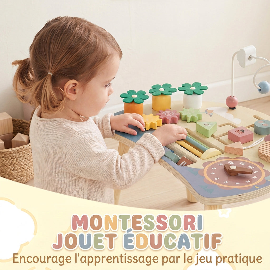 Table d'Activités en Bois pour Bébé 1-3 Ans 6 en 1 avec Engrenages, Labyrinthe de Perles, Horloge Rotative et Carottes-5