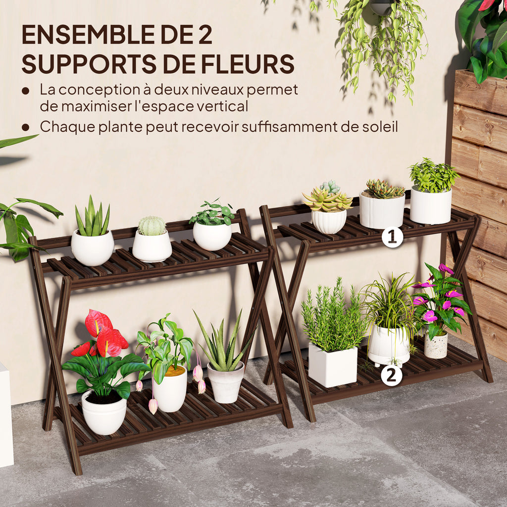 Lot de 2 support plantes intérieur 2 niveaux étagères à plants avec support arrière 73 x 36 x 64 cm marron-3