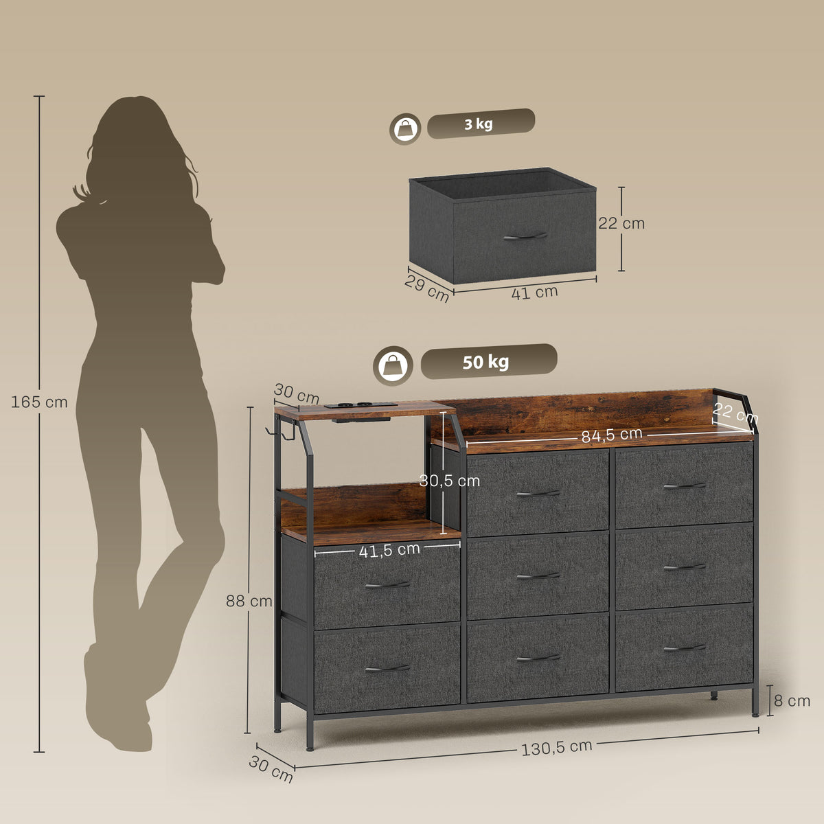 Commode, meuble de rangement avec station de recharge, 8 tiroirs en tissu, étagère ouverte, 130,5x30x88cm, marron-2