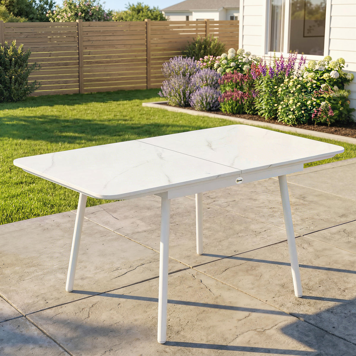 Table de Jardin Rectangulaire pour 4-6 Personnes, Plateau en WPC et Cadre en Métal, Pieds Réglables, 140x80x75cm, Blanc-1
