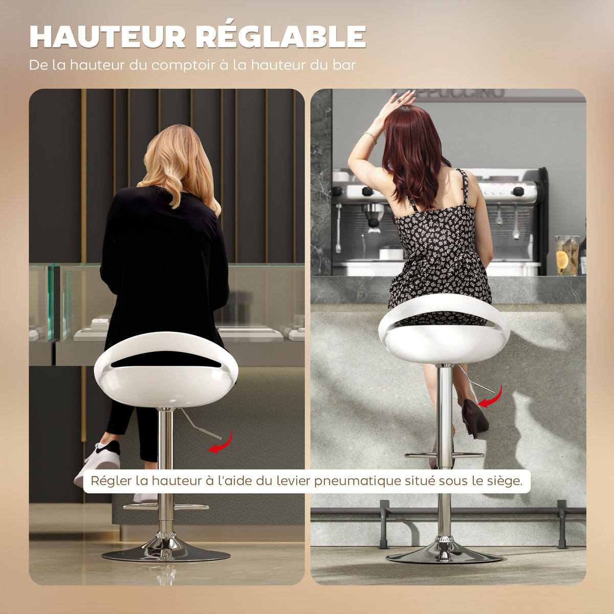 Lot de 2 tabourets de bar chaises de bar hauteur réglable dossier et repose-pieds pivotant à 360° 46x41x76-96cm blanc-3