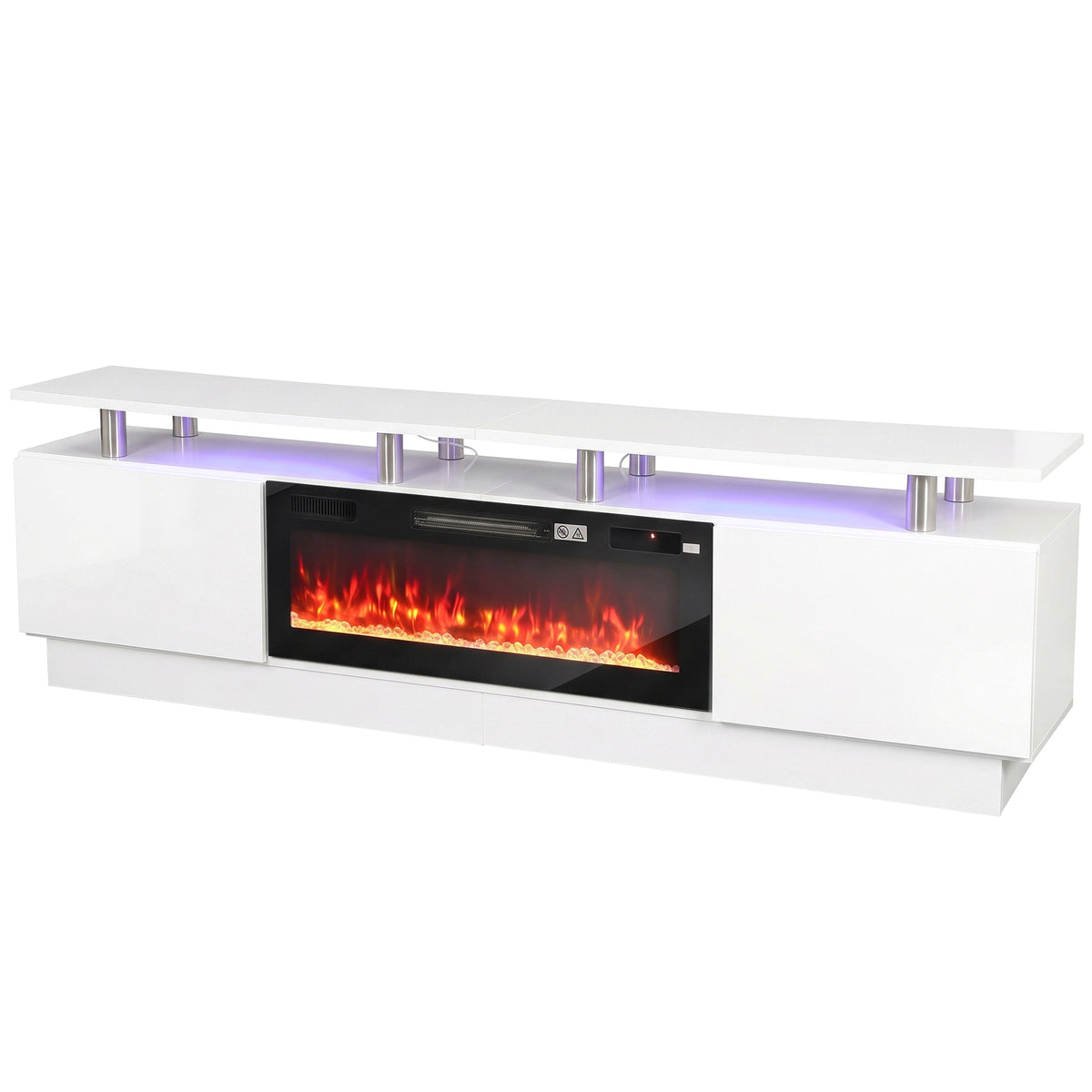 Meuble TV avec Cheminée Électrique 203cm avec Éclairage LED Fausse Cheminée Décorative 900/1800W Effet Flamme 3D Blanc-0