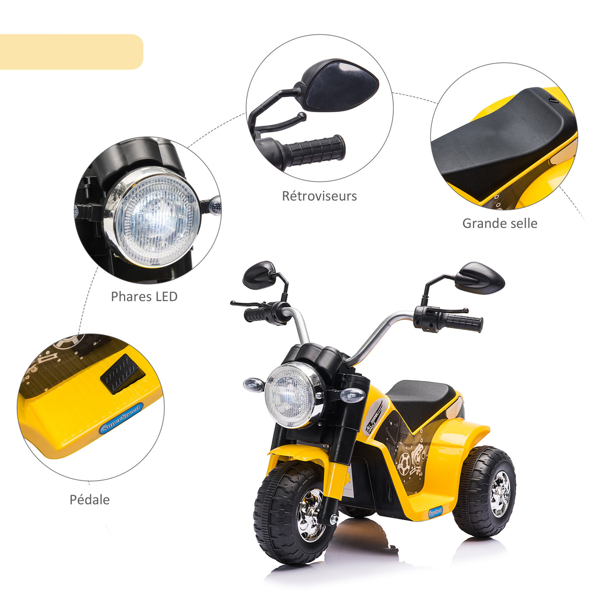 Moto électrique Enfant Chopper Tout-Terrain 6 V 20 W Marche AV AR 3 Roues Effets Lumineux et sonores Jaune Noir-4