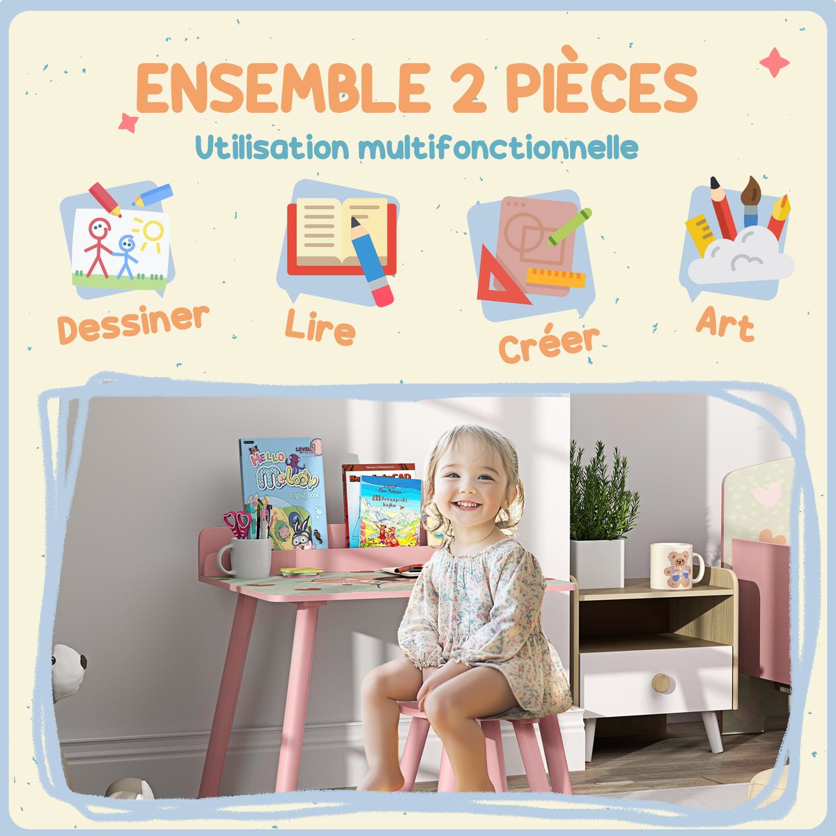 Ensemble table et chaise enfant table pour enfant avec chaise avec porte-livres motifs d'ours pour enfants 3-8 ans rose-3