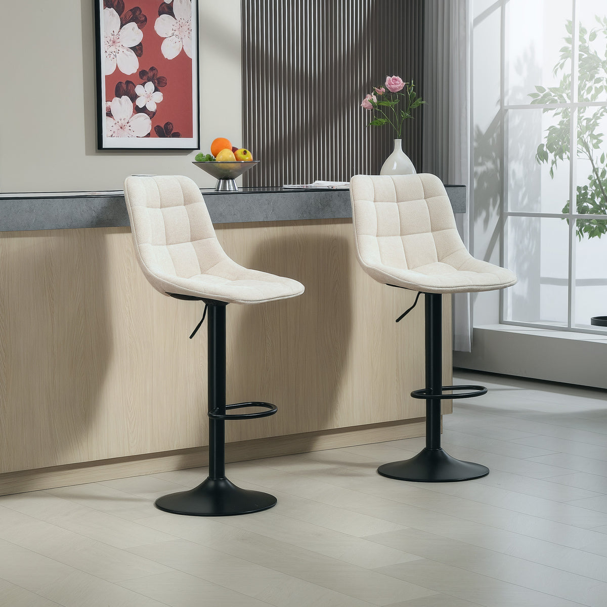 Lot de 2 tabourets de bar, chaises de bar en chenille hauteur réglable avec dossier pivotant 360° 47x48x117,5cm beige-1