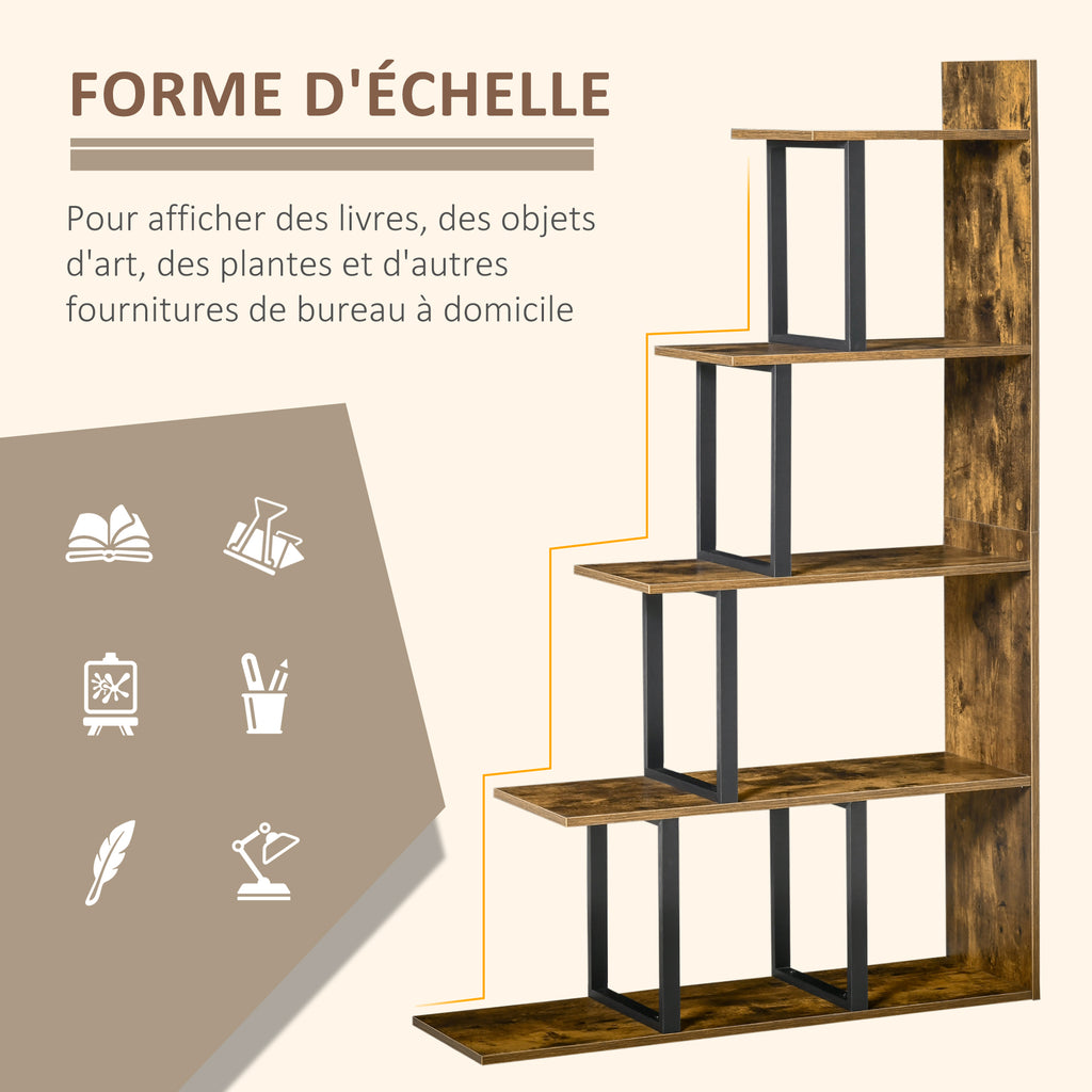 Étagère bibliothèque séparateur de pièce style industriel en escalier 5 étagères 102 x 30 x 160 cm, brun rustique-3