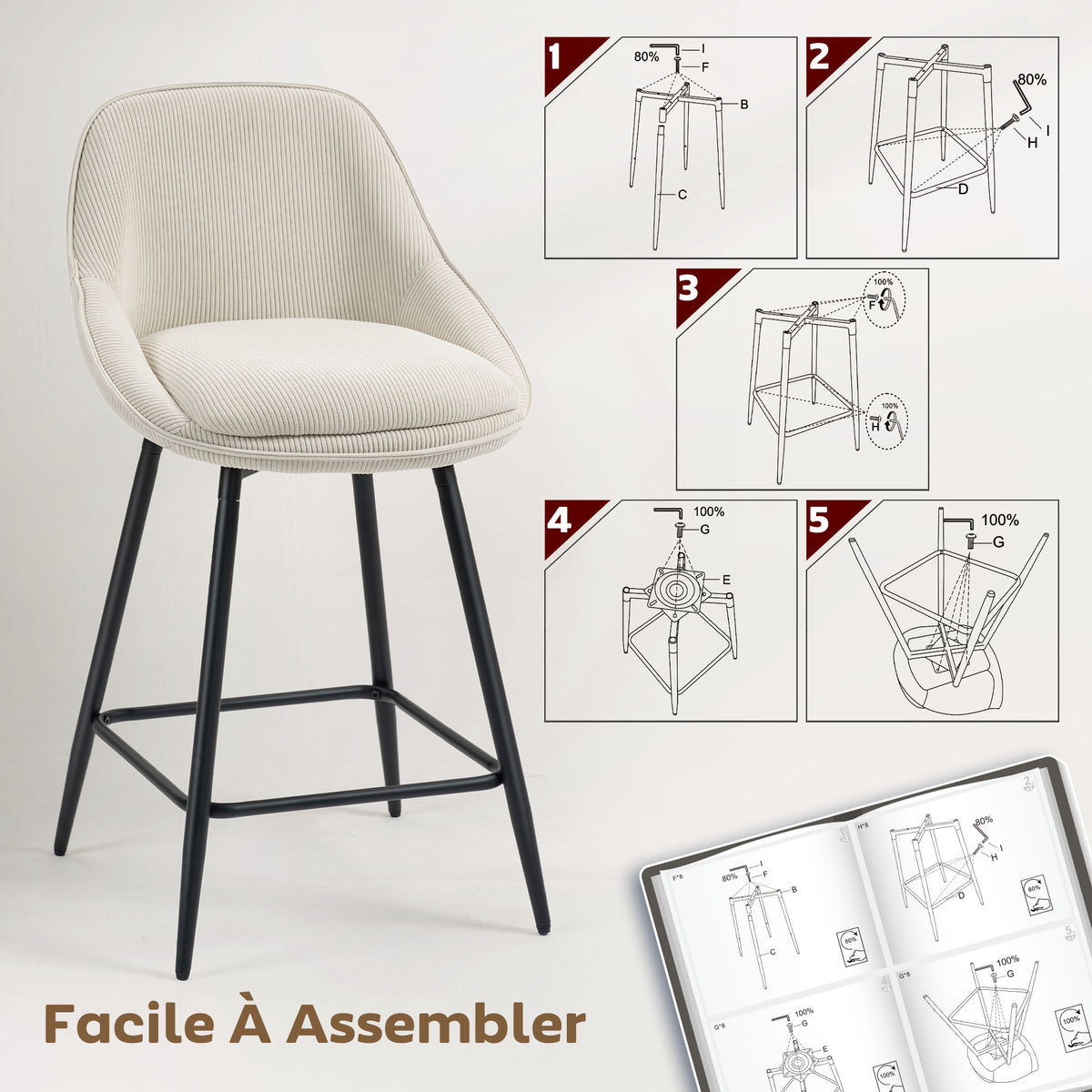 Lot de 2 tabourets de bar en tissu velours côtelé, chaises de bar avec dossier courbé, repose-pieds, 49x52x88cm, crème-6