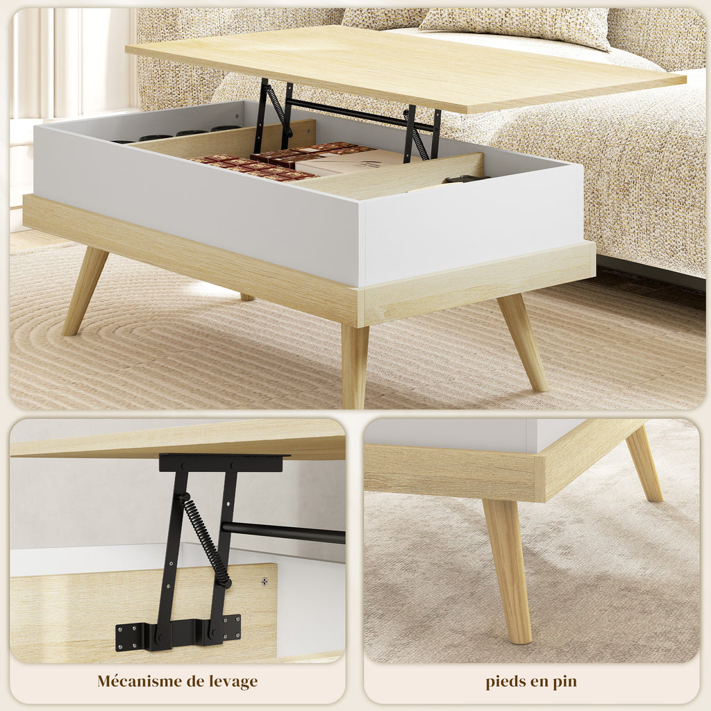Table Basse Relevable avec 3 Compartiments Cachés, Table de Salon Moderne, Pieds en Bois, 100x79x54cm, Naturel Blanc-5