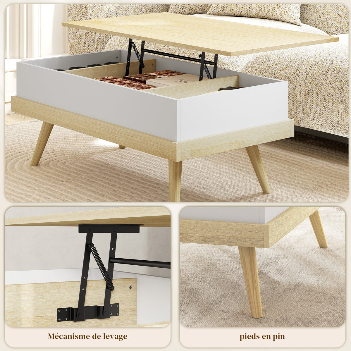 Table Basse Relevable avec 3 Compartiments Cachés, Table de Salon Moderne, Pieds en Bois, 100x79x54cm, Naturel Blanc-5
