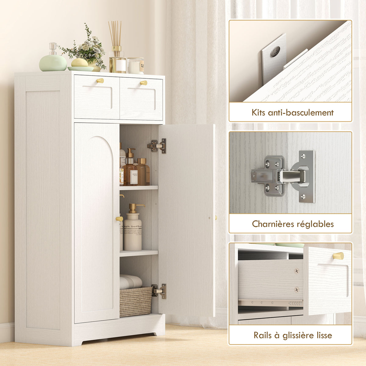 Meuble de salle de bain meuble de rangement avec 2 tiroirs double porte arquée étagères réglables 60x30x108cm blanc-6
