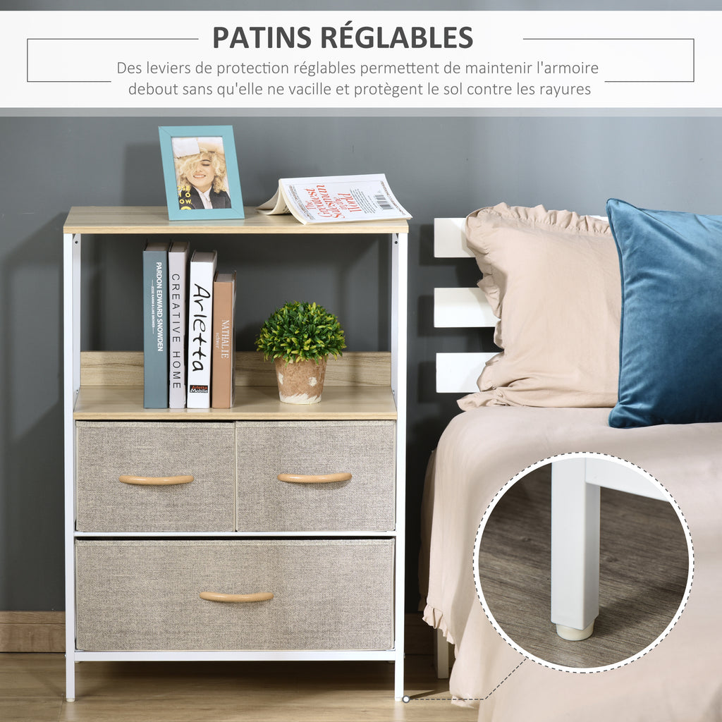 Commode meuble de rangement avec 3 tiroirs tissus, étagère et plateau supérieur, 58L x 29P x 81,5H cm-6