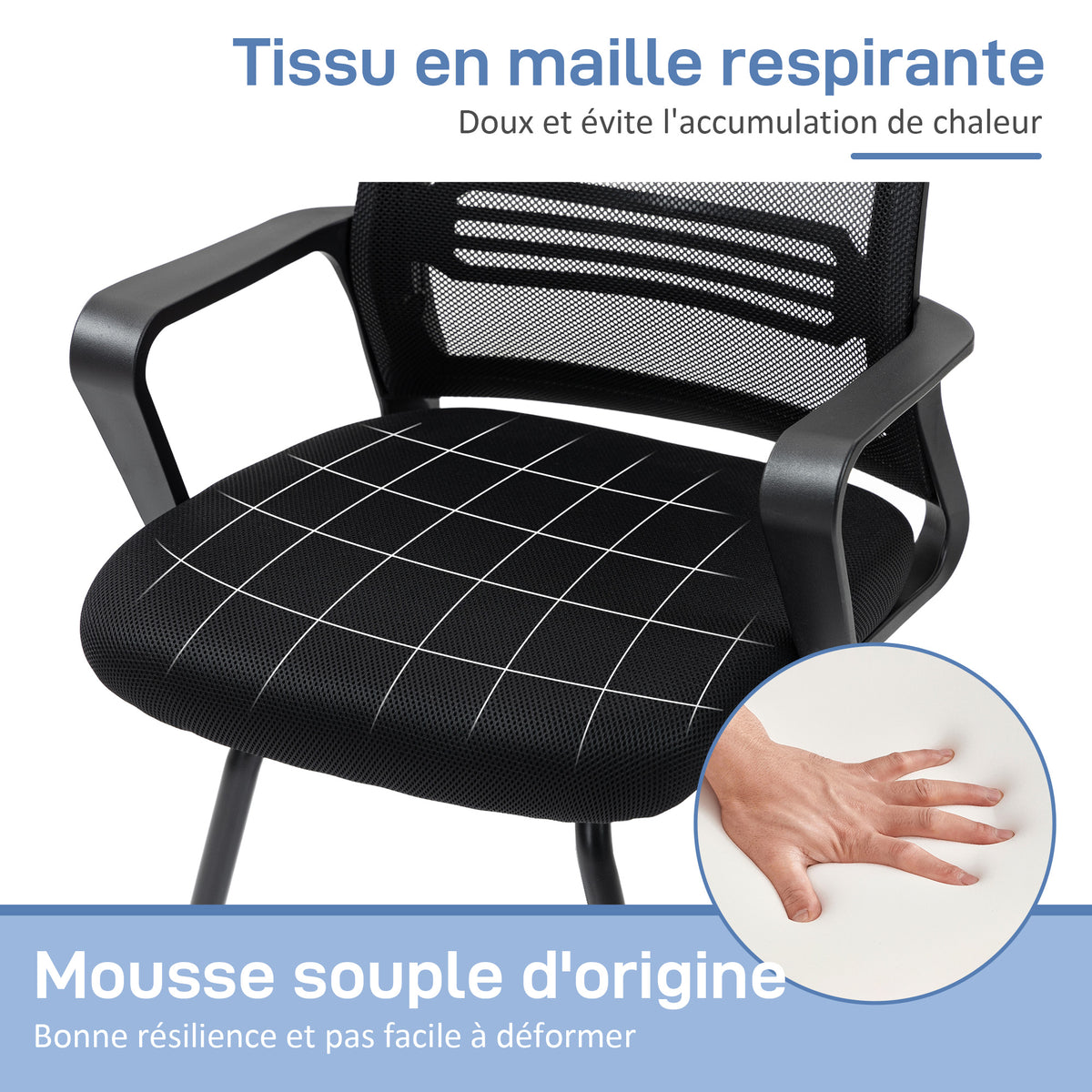 Chaise de bureau en maille sans roulettes, base en traîneau, pour salle de conférence, attente, réception, noir-4