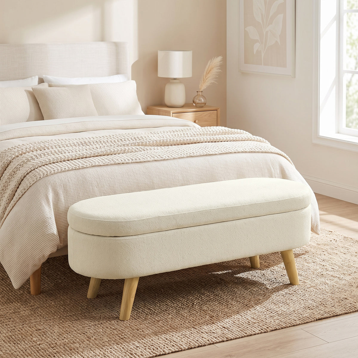 Banc Banquette, Bout de Lit, Coffre de Rangement 2 en 1 en Tissu avec Pieds en Bois, 110L x 40P x 43H cm, Crème-1