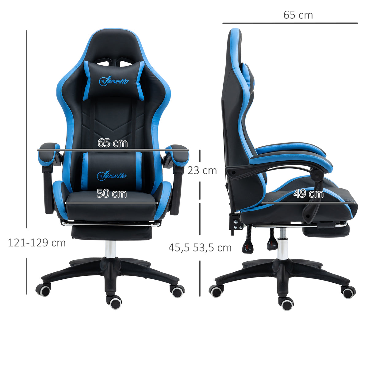 Chaise gaming fauteuil gaming ergonomique avec dossier inclinable à 135° et soutien lombaire, 65 x 65 x 121-129 cm noir-2