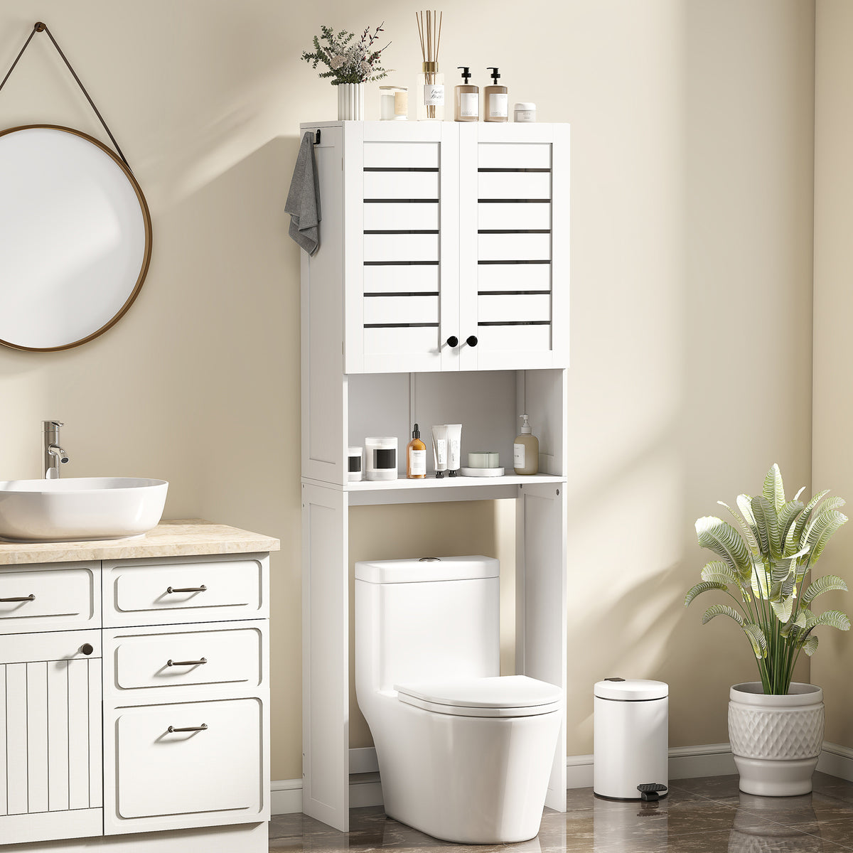 Meuble WC dessus de toilette/machine à laver avec placard à porte double, portes à persiennes, 67x31,5x190cm, blanc-1