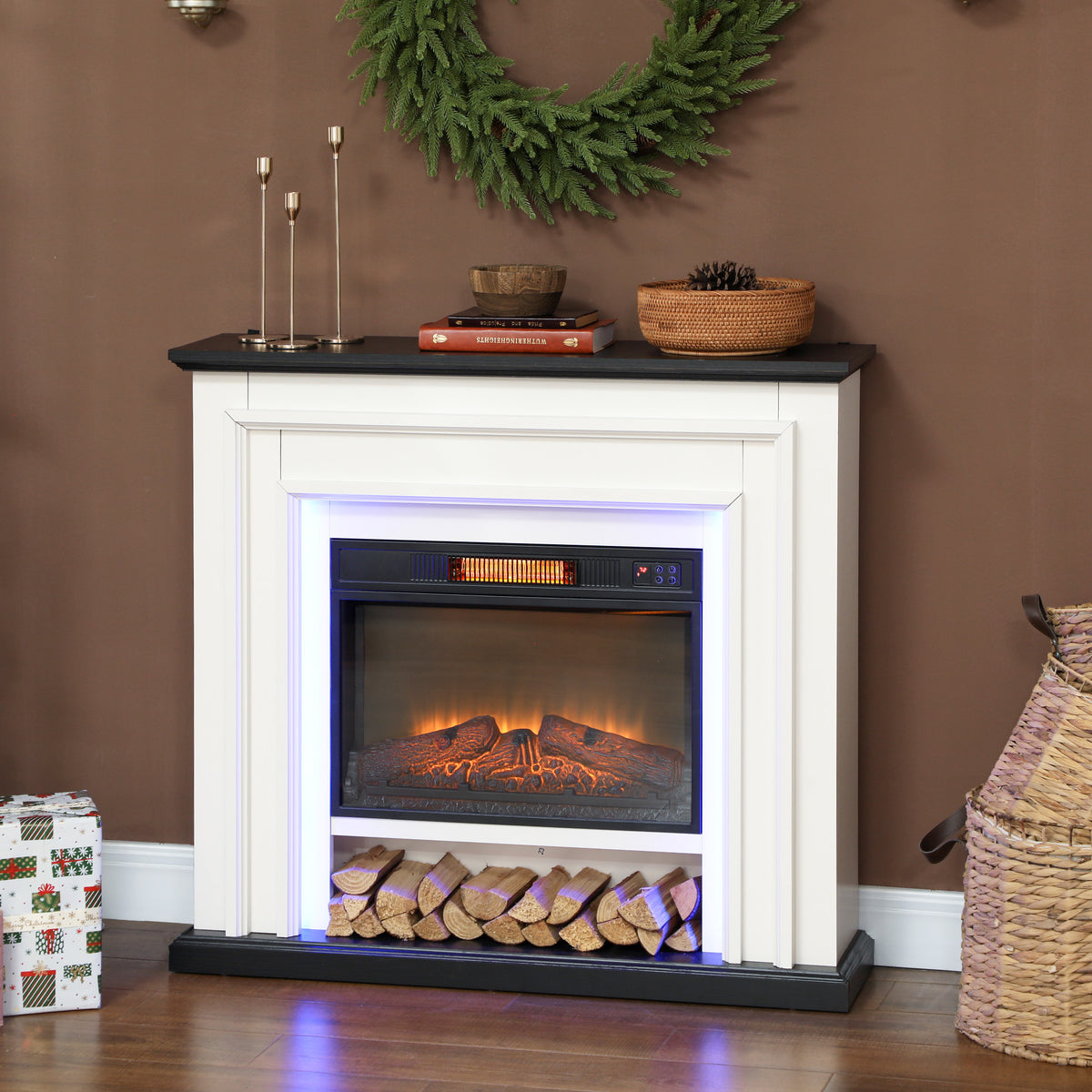 Cheminée électrique 1800W, fausse cheminée décorative lumières LED RGB, effet flamme, manteau, 105 x 27 x 97 cm, noir-9