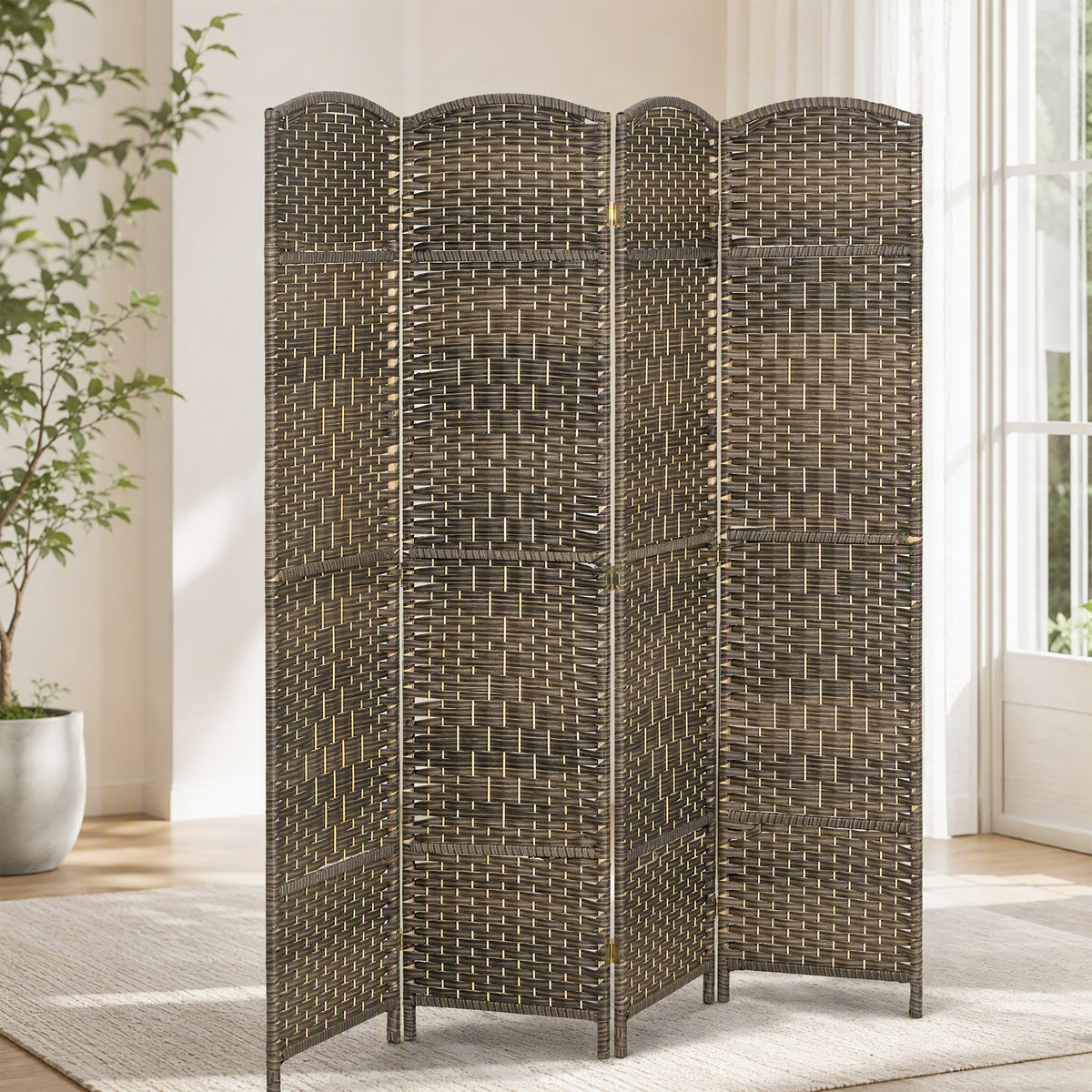 Paravent intérieur en bois 4 panneaux séparateur de pièce pliable pour salon chambre 180 x 180 cm chêne foncé-9
