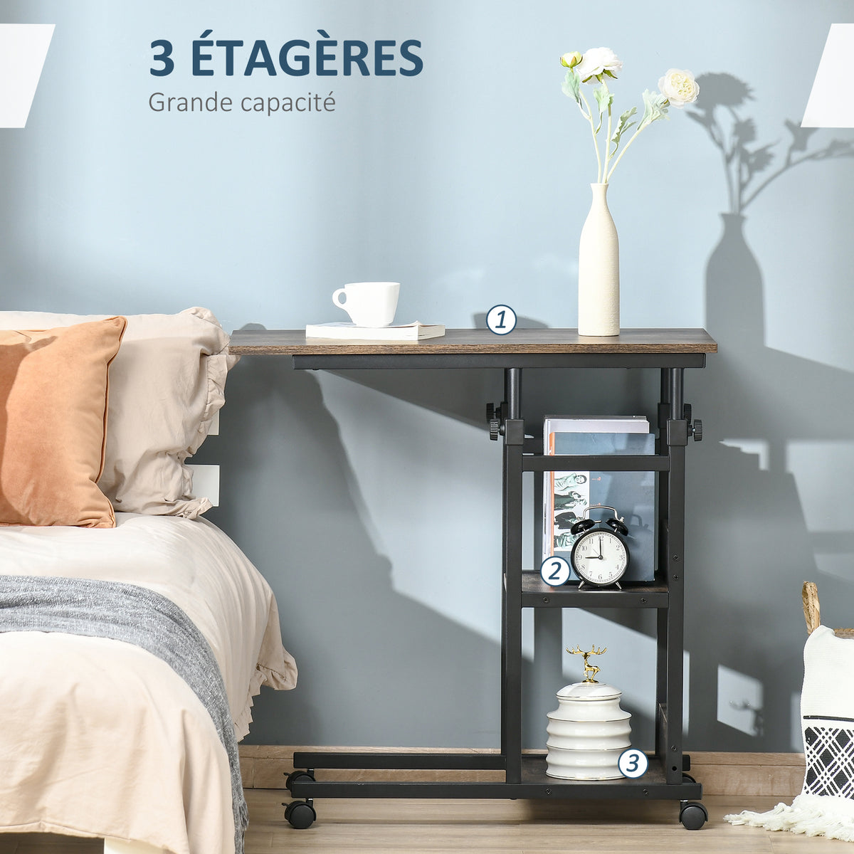 Table d'appoint Bout de canapé Table roulante Table de Lit pour Ordinateur Portable Hauteur réglable - 2 étagères intégrées - cadre métal, 80 x 40 x 72-82 cm, Marron-4