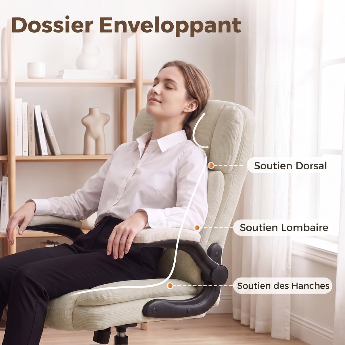 Chaise de Bureau Ergonomique en Chenille, Fonction Bascule, Accoudoirs Relevables, Hauteur Réglable, 70x67x108cm, Beige-4