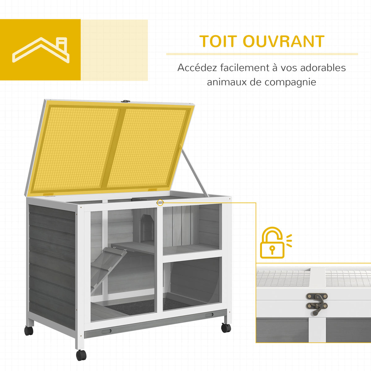 Cage à lapin clapier sur roulettes petit enclos animaux en bois massif 2 étages toit ouvrant plates-formes 91,5 x 53,3 x 73 cm gris-4