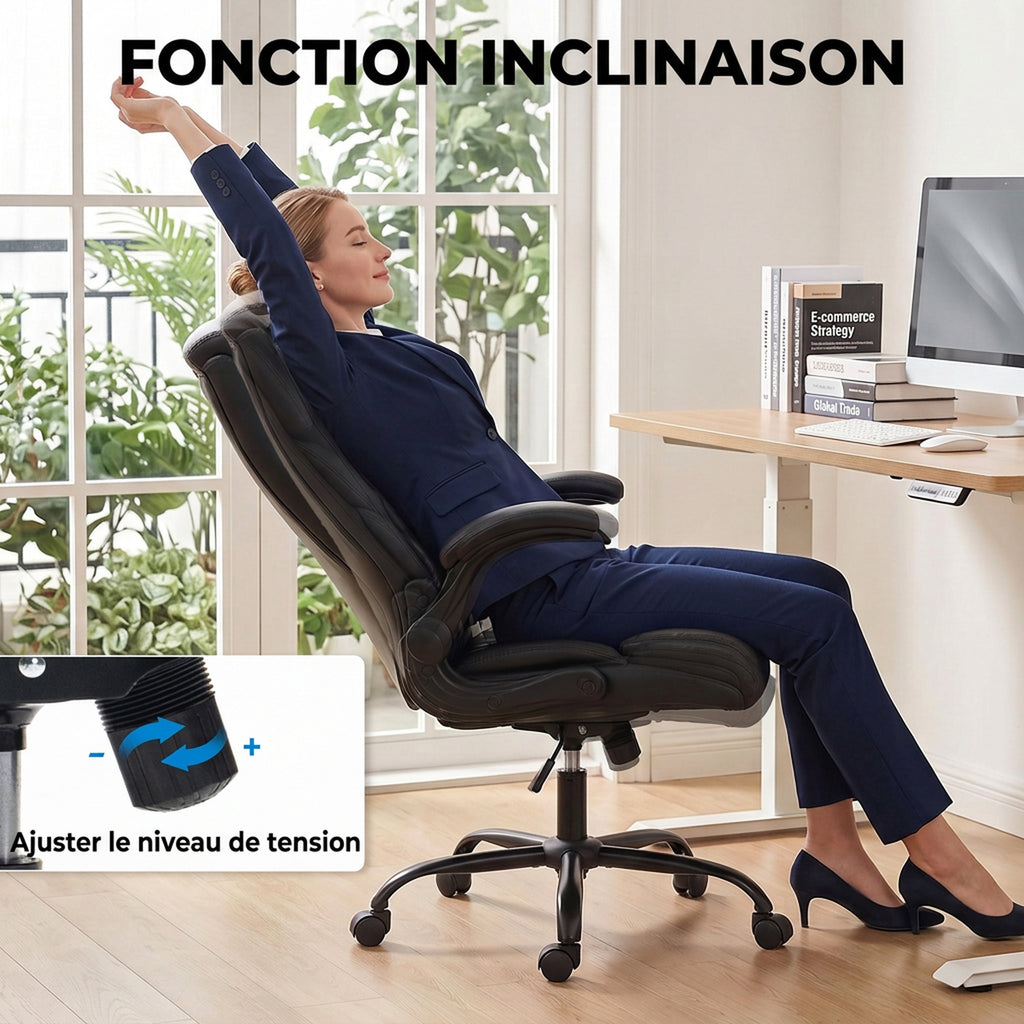 Chaise Bureau Ergonomique avec Accoudoirs Relevables, Fauteuil de Bureau en PU, Hauteur Réglable, Fonction Bascule, Noir-4