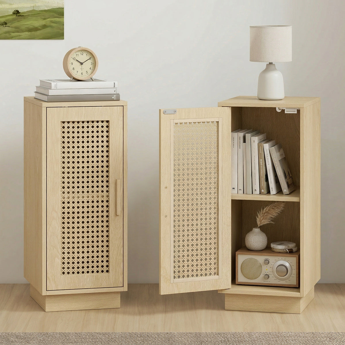 Lot de 2 Tables de Chevet, Étagère Réglable et Porte en Résine Tressée, Style Bohème, 25 x 30 x 60 cm, Bois Naturel-1