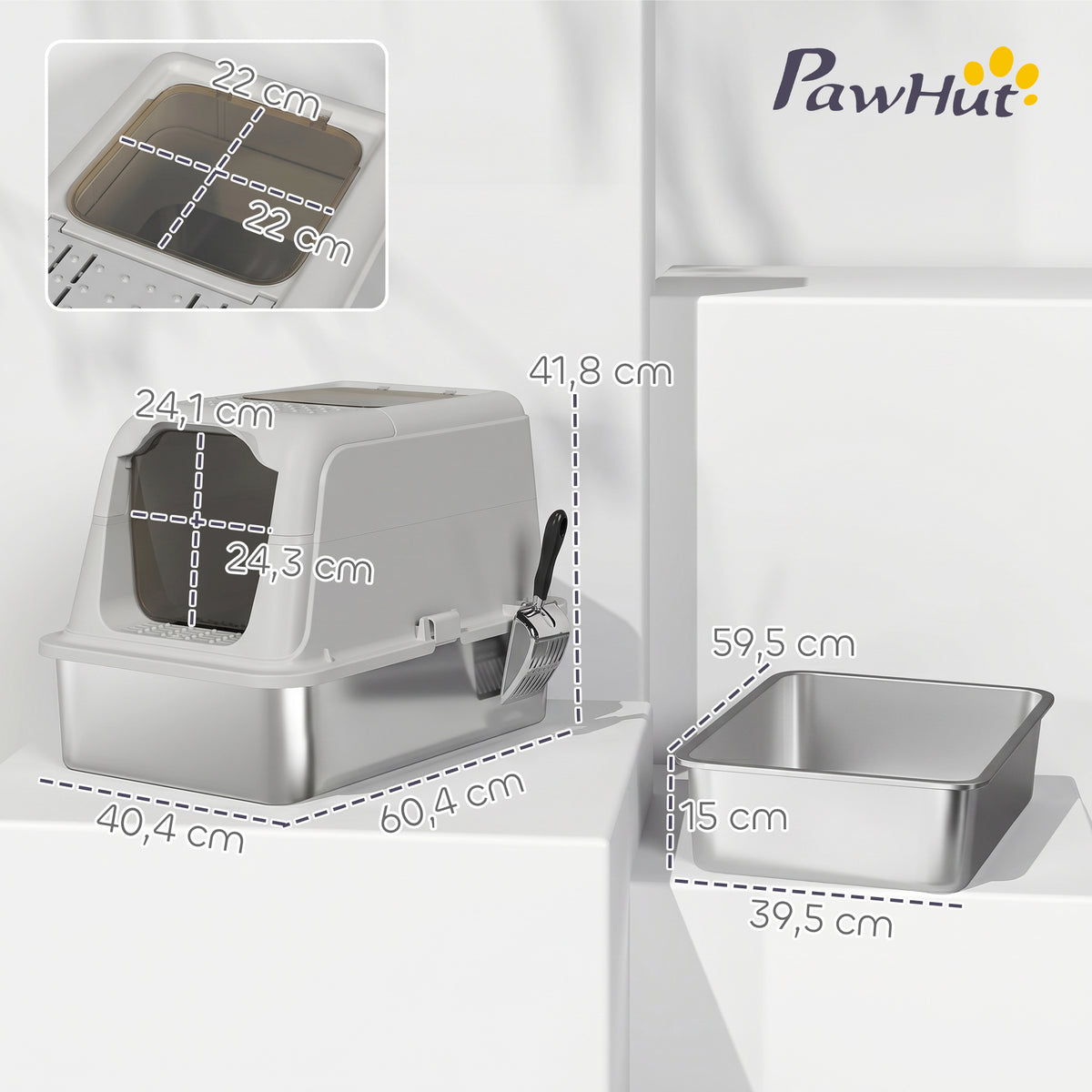 Maison de Toilette pour Chat Bac à Litière Fermé Bac Acier Inoxydable, Nettoyage Facile, 60,4x40,4x41,8cm, Gris Clair-2