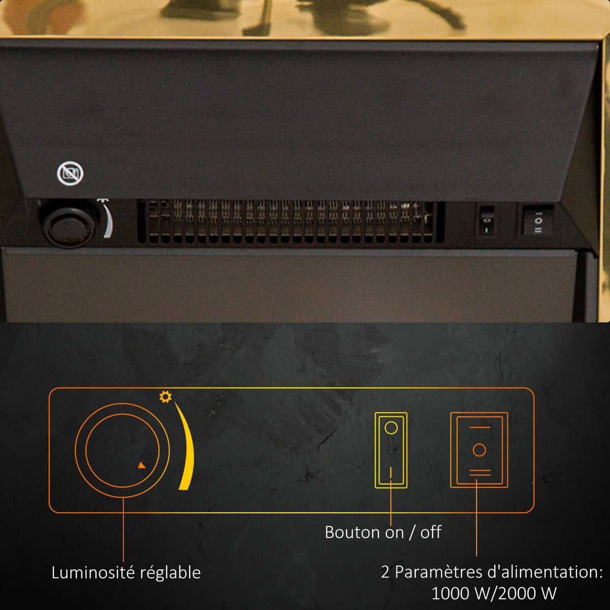 Cheminée électrique Effet de Flamme Style néo rétro Thermostat 1000-2000 W Noir Or-5
