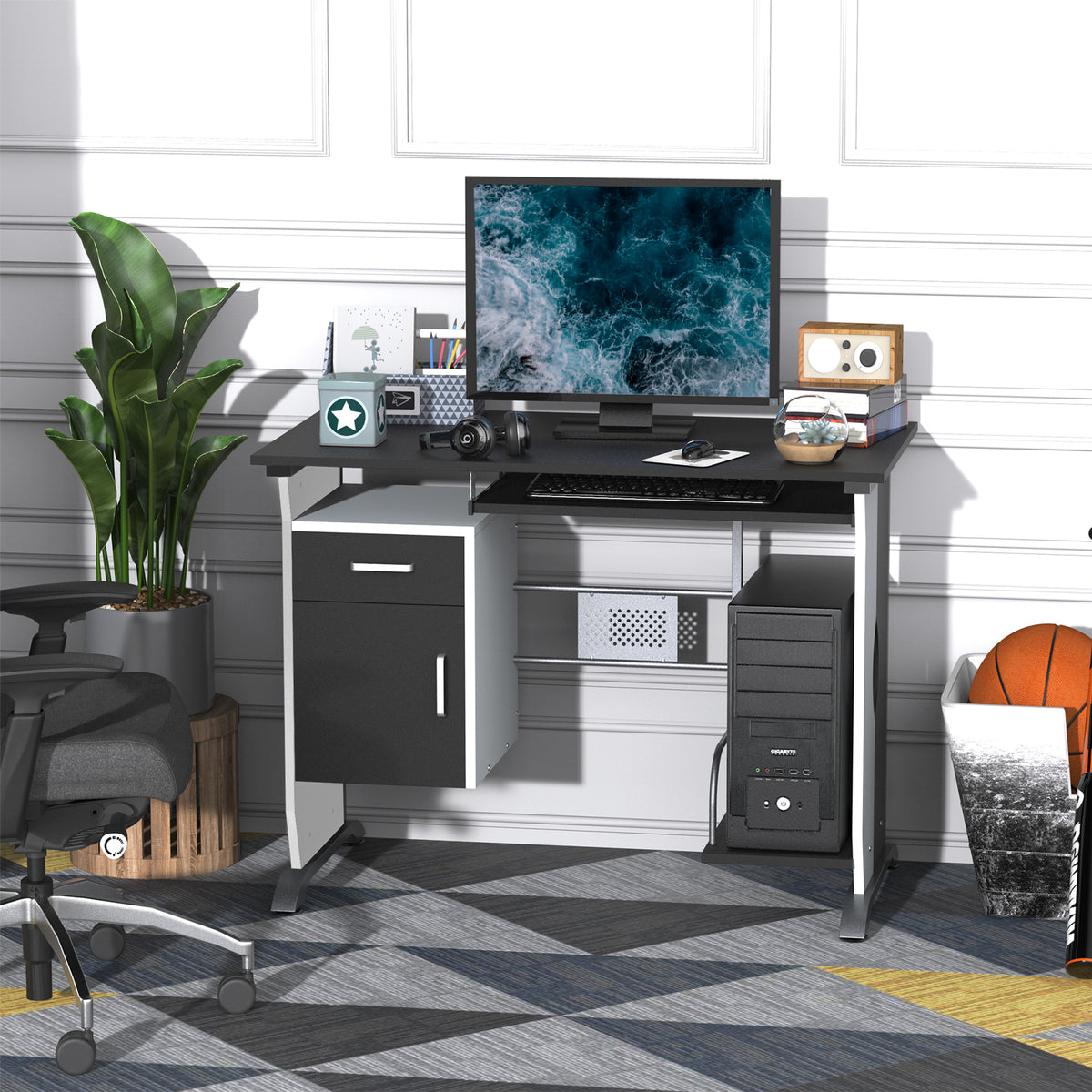 Bureau informatique design en mdf 100 L x 52 I x 75H cm noir et blanc-6